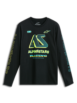 Alpinestars Ayess CSF Long Sleeve Tee, Black sportswear t-shirt featuring yellow and blue chest and sleeve logo graphics
