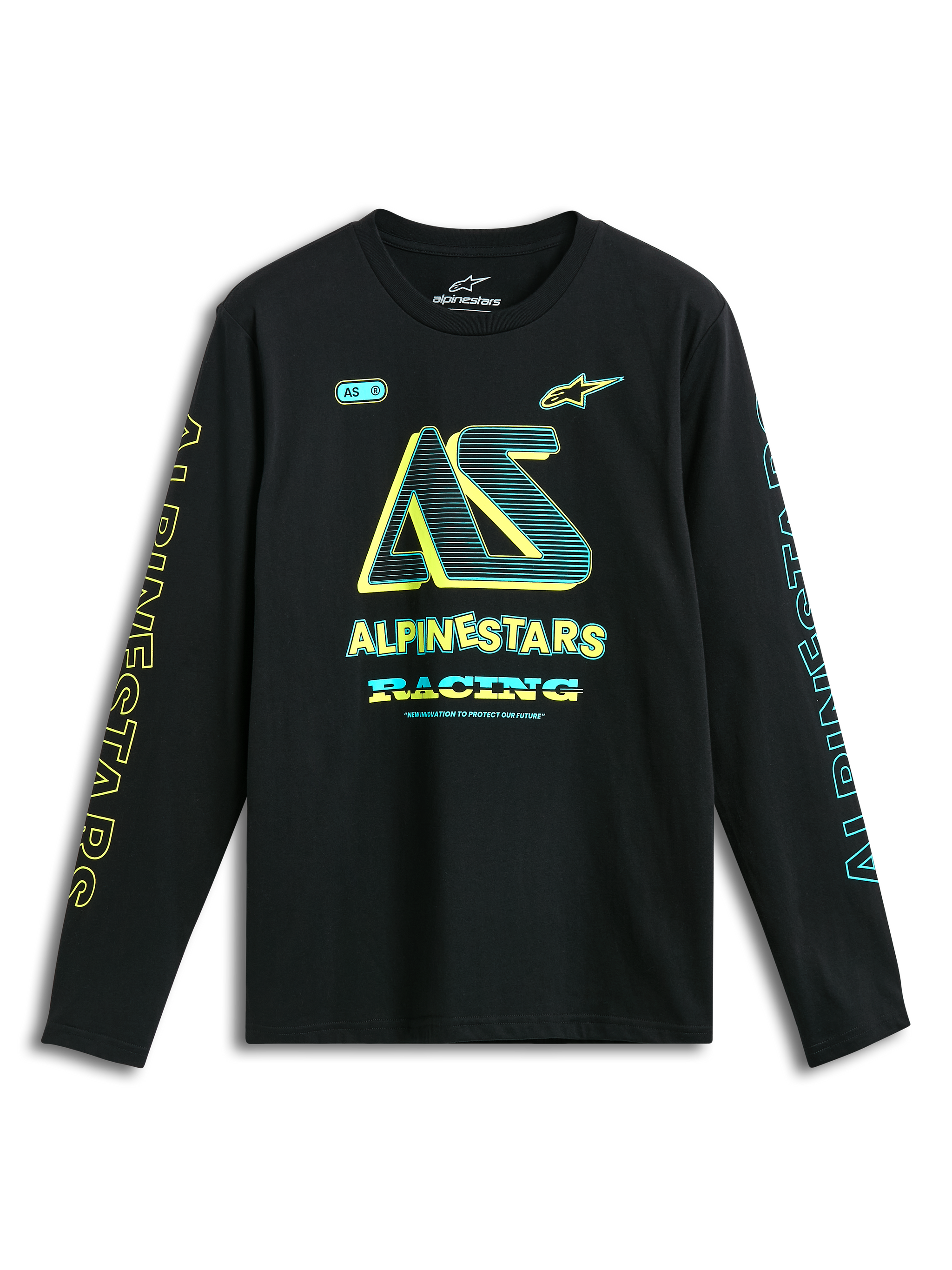Alpinestars Ayess CSF Long Sleeve Tee, Black sportswear t-shirt featuring yellow and blue chest and sleeve logo graphics