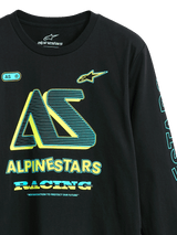 Alpinestars Ayess CSF Tee, Long Sleeve T-Shirt, Black, Front graphics with 'AS' logo and 'Alpinestars Racing' in yellow and cyan, casual motorsport-inspired streetwear