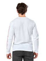 Alpinestars Ayess Csf Tee, Long Sleeve T-Shirt, White, Back View, featuring red Alpinestars lettering on the right sleeve and blue graphics on the left sleeve, casual motorsport-inspired streetwear