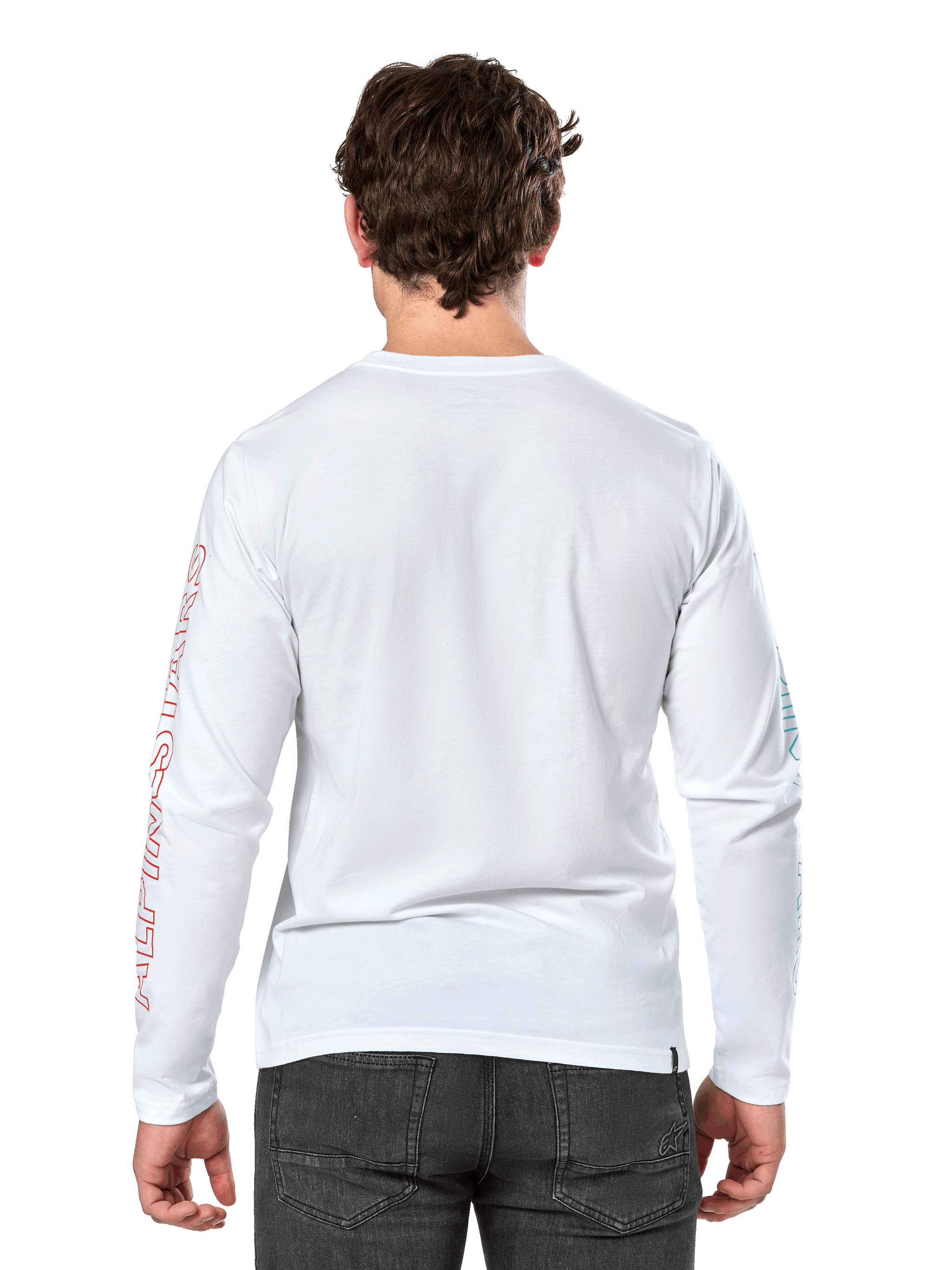 Alpinestars Ayess Csf Tee, Long Sleeve T-Shirt, White, Back View, featuring red Alpinestars lettering on the right sleeve and blue graphics on the left sleeve, casual motorsport-inspired streetwear