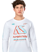 Alpinestars Ayess CSF Tee, Long Sleeve T-Shirt, White, featuring a large teal and orange 'AS' graphic with 'ALPINESTARS RACING' text, casual motorsport streetwear