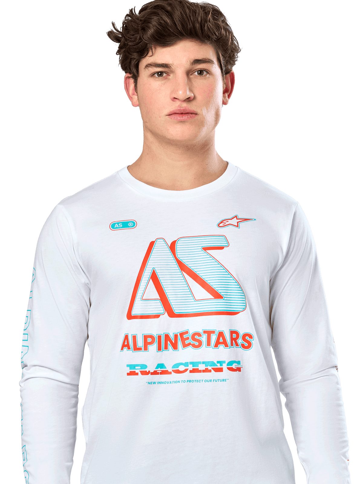 Alpinestars Ayess CSF Tee, Long Sleeve T-Shirt, White, featuring a large teal and orange 'AS' graphic with 'ALPINESTARS RACING' text, casual motorsport streetwear