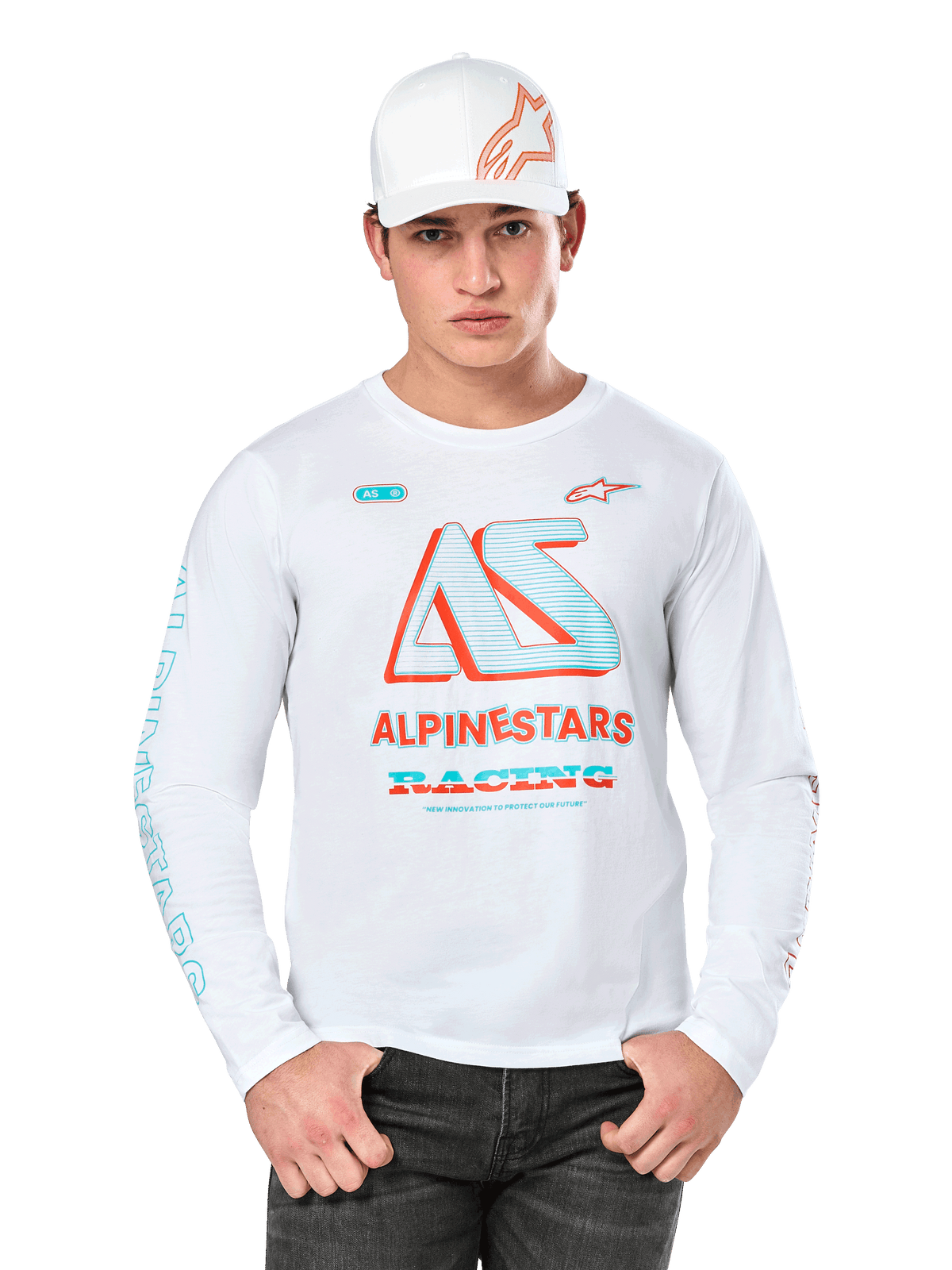 Alpinestars Ayess Csf Long Sleeve Tee, White Motorsports T-Shirt, featuring colorful AS logo in Blue and Red, ALPINESTARS RACING graphics, worn with white cap and black jeans, white background