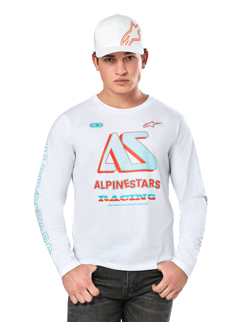 Alpinestars Ayess Csf Long Sleeve Tee, White Motorsports T-Shirt, featuring colorful AS logo in Blue and Red, ALPINESTARS RACING graphics, worn with white cap and black jeans, white background