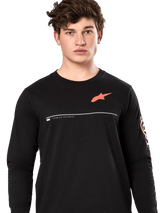 Alpinestars Committed CSF Tee, Long Sleeve T-Shirt, Black, male model wearing tee with orange Astars chest logo and white 'Premium Racewear' graphic, casual motorsport streetwear