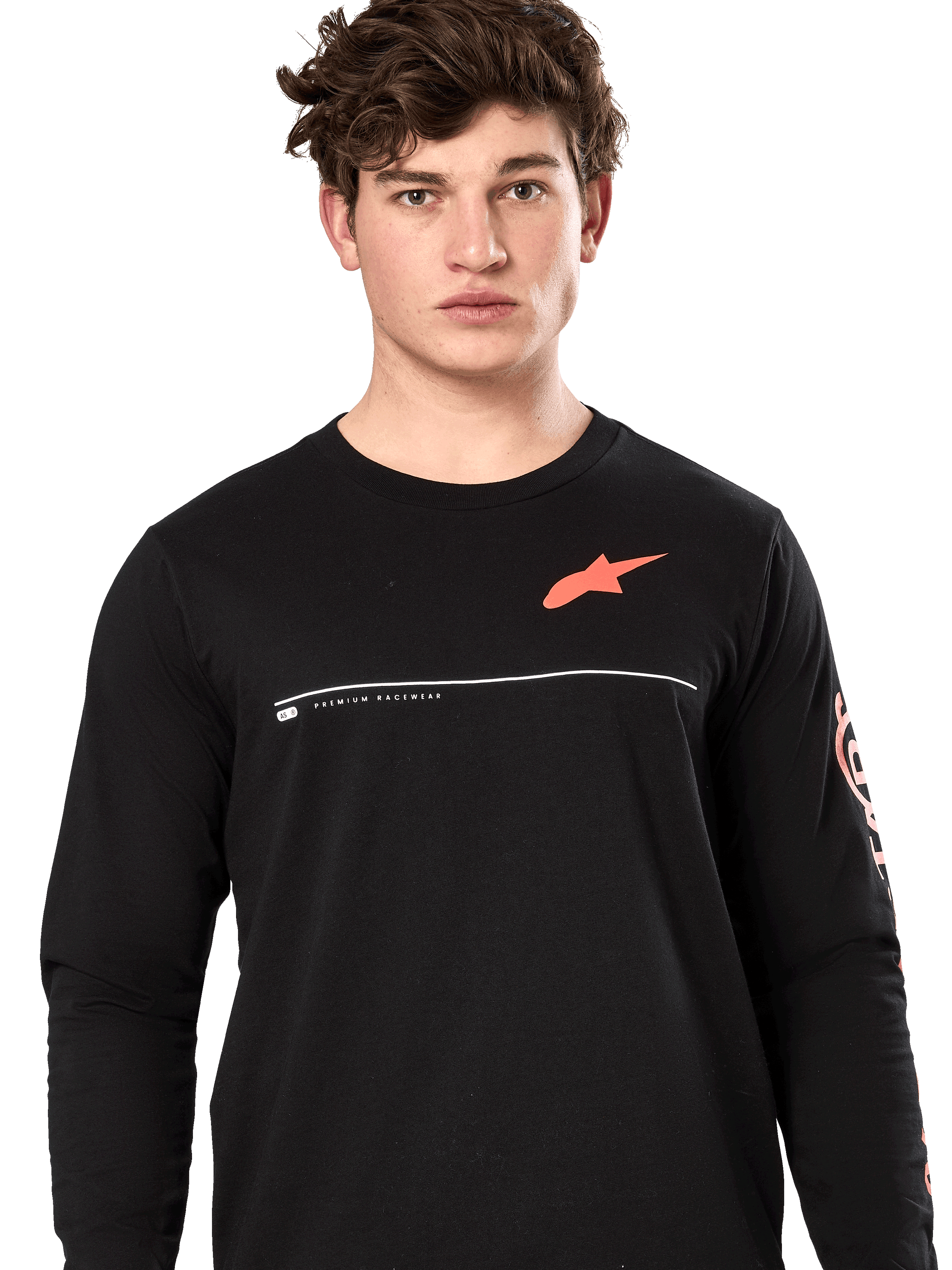 Alpinestars Committed CSF Tee, Long Sleeve T-Shirt, Black, male model wearing tee with orange Astars chest logo and white 'Premium Racewear' graphic, casual motorsport streetwear