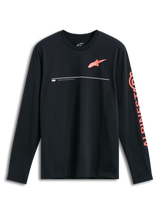 Alpinestars Committed CSF Tee, Long Sleeve T-Shirt, Black, Orange Astars chest logo with white 'Premium Racewear' line detail, large orange Alpinestars text on the sleeve, casual motorsport-inspired design