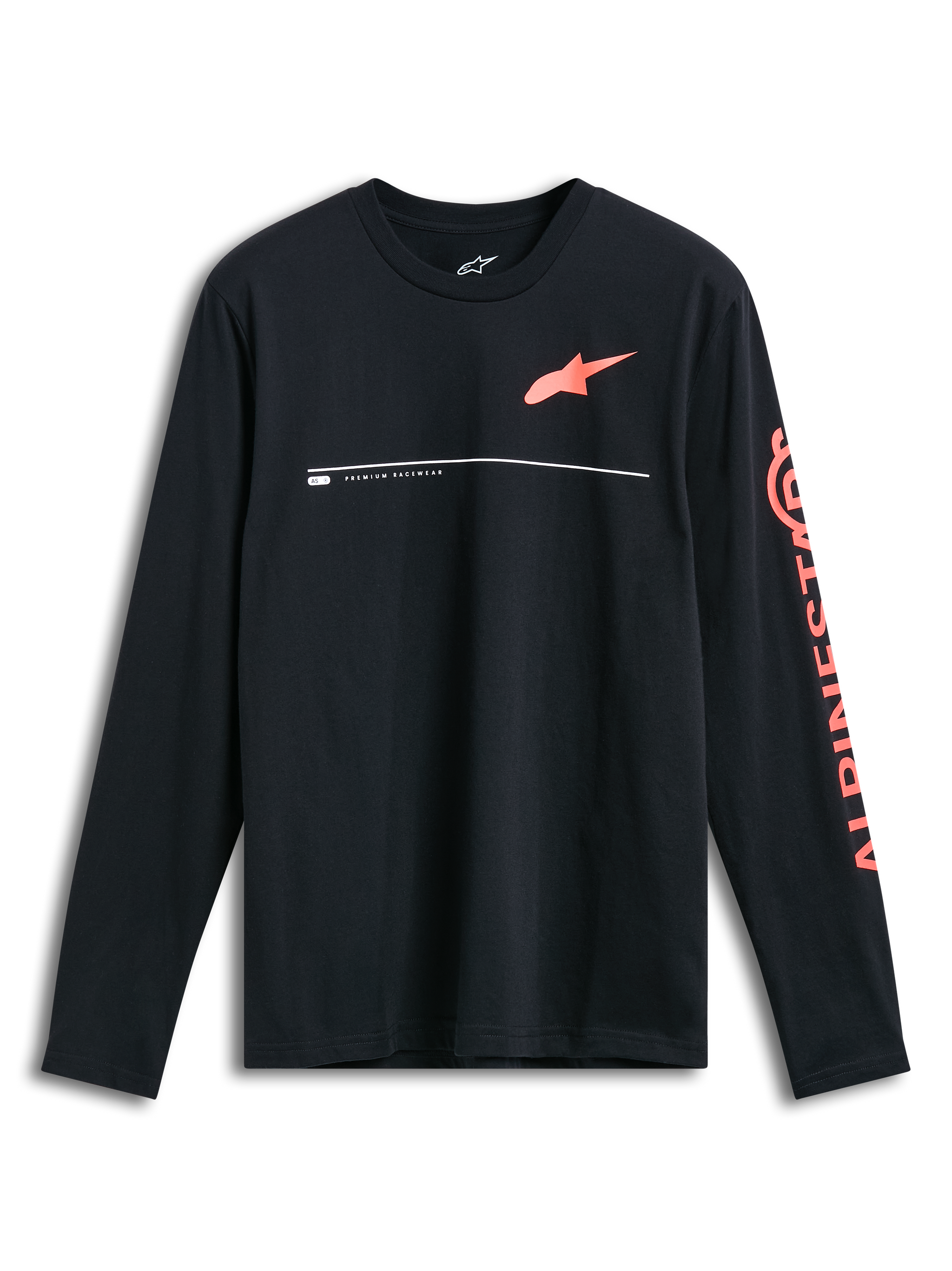 Alpinestars Committed CSF Tee, Long Sleeve T-Shirt, Black, Orange Astars chest logo with white 'Premium Racewear' line detail, large orange Alpinestars text on the sleeve, casual motorsport-inspired design