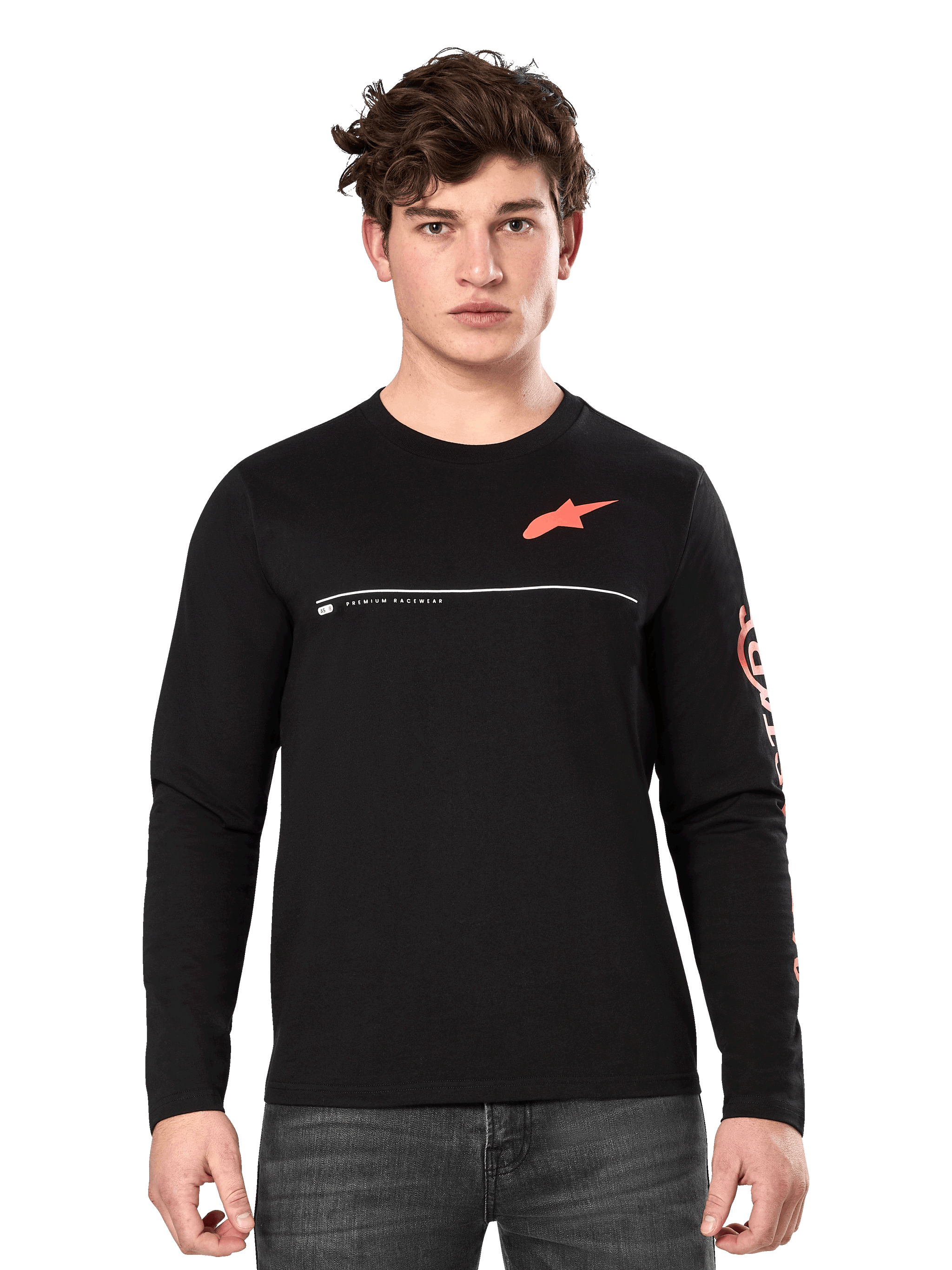 Alpinestars Committed CSF Long Sleeve Tee, Black, male model wearing casual long-sleeve shirt with orange Astars logo on chest, white line detail, and bold orange sleeve graphics, paired with dark grey jeans