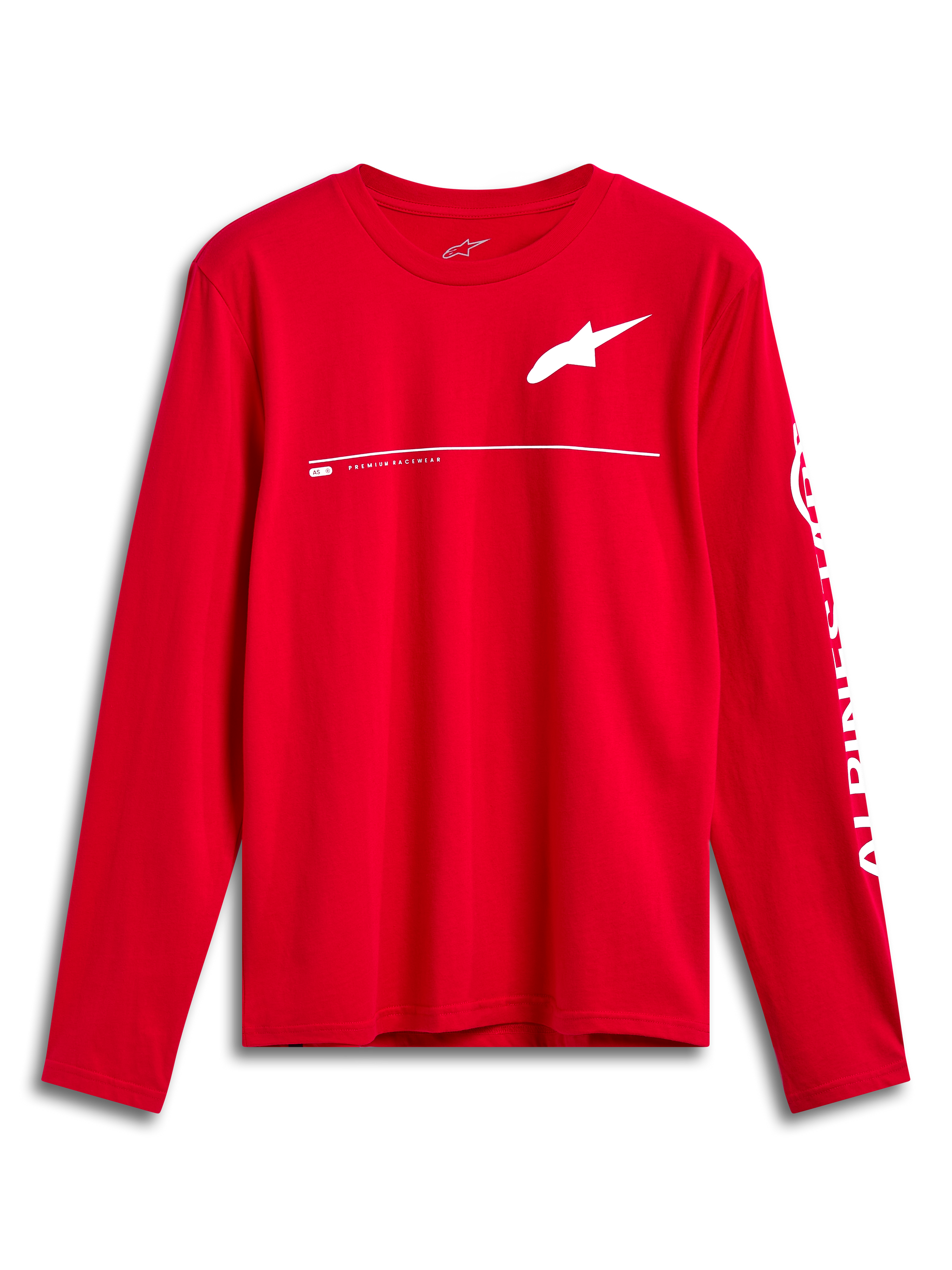 Alpinestars Committed CSF Tee, Long Sleeve T-Shirt, Red, White Astars chest logo and Alpinestars sleeve branding, casual motorsport-inspired design
