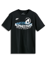 Alpinestars Semicircle Csf Tee, Short Sleeve T-Shirt, Black, front Alpinestars semicircle curved graphic with blue and white accents, casual motorsport-inspired design