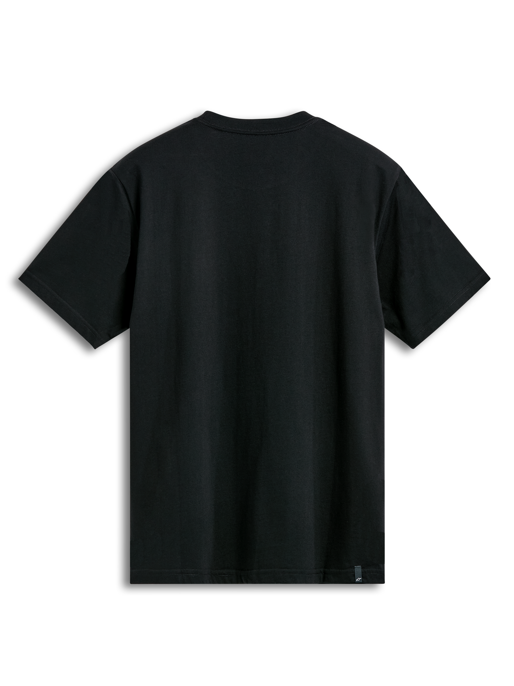 Alpinestars Semicircle CSF Tee, Short Sleeve T-Shirt, Black, back view showing plain fabric and small brand tag on the bottom hem, casual motorsport streetwear