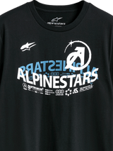 Alpinestars Semicircle CSF Tee, Short Sleeve T-Shirt, Black, featuring a complex curved Alpinestars graphic in white and blue with technical icons and slogans, Casual Motorsport Streetwear