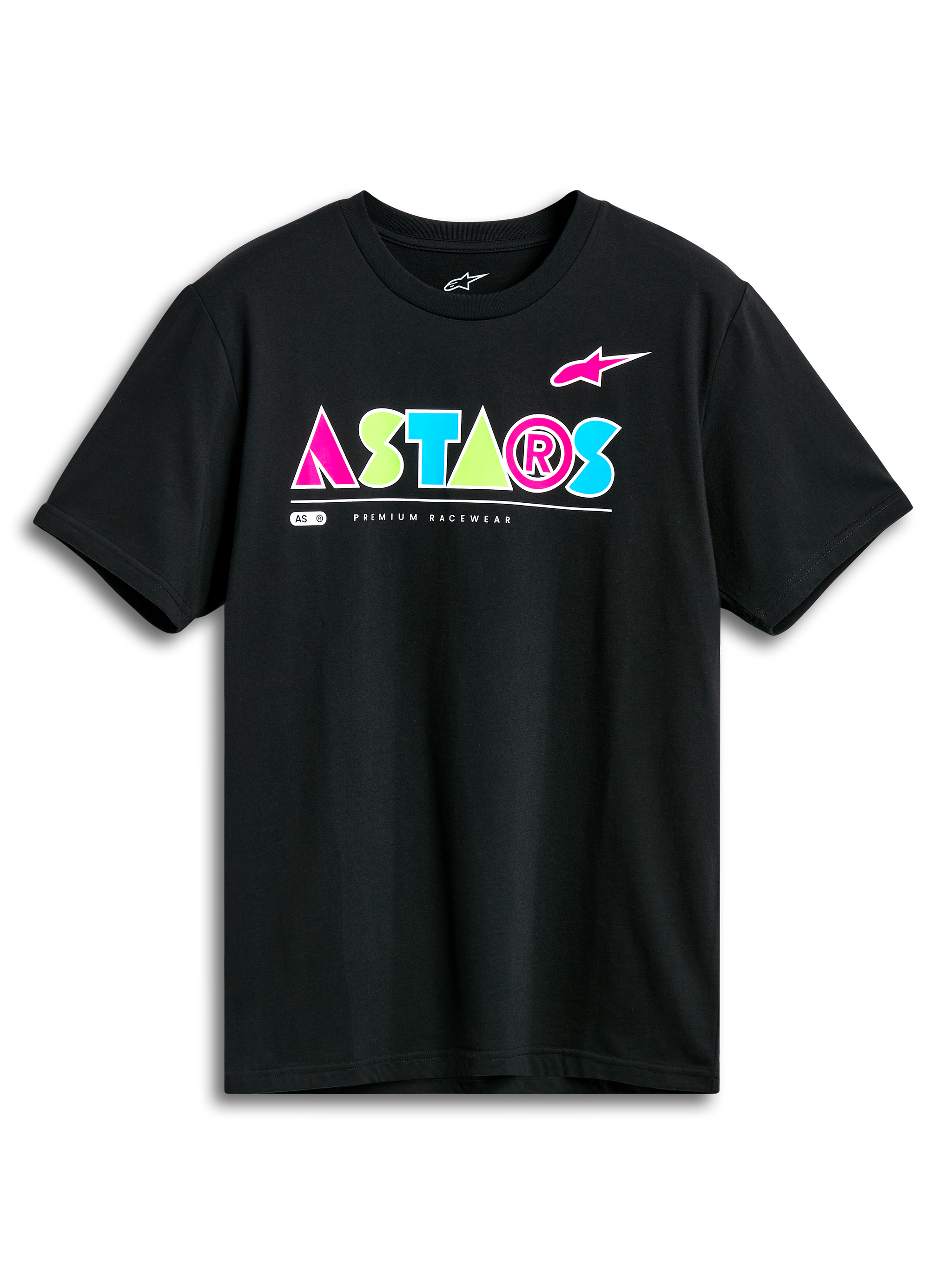 Alpinestars Cereal CSF Tee, Short Sleeve T-Shirt, Black, Vibrant Geometric ASTARS Logo in Pink, Lime Green, and Light Blue, Casual Motorsport Streetwear