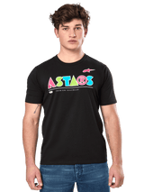 Alpinestars Cereal CSF Tee, Black Short Sleeve T-Shirt, worn by male model, colorful geometric ASTARS logo with Premium Racewear text, casual motorsport streetwear