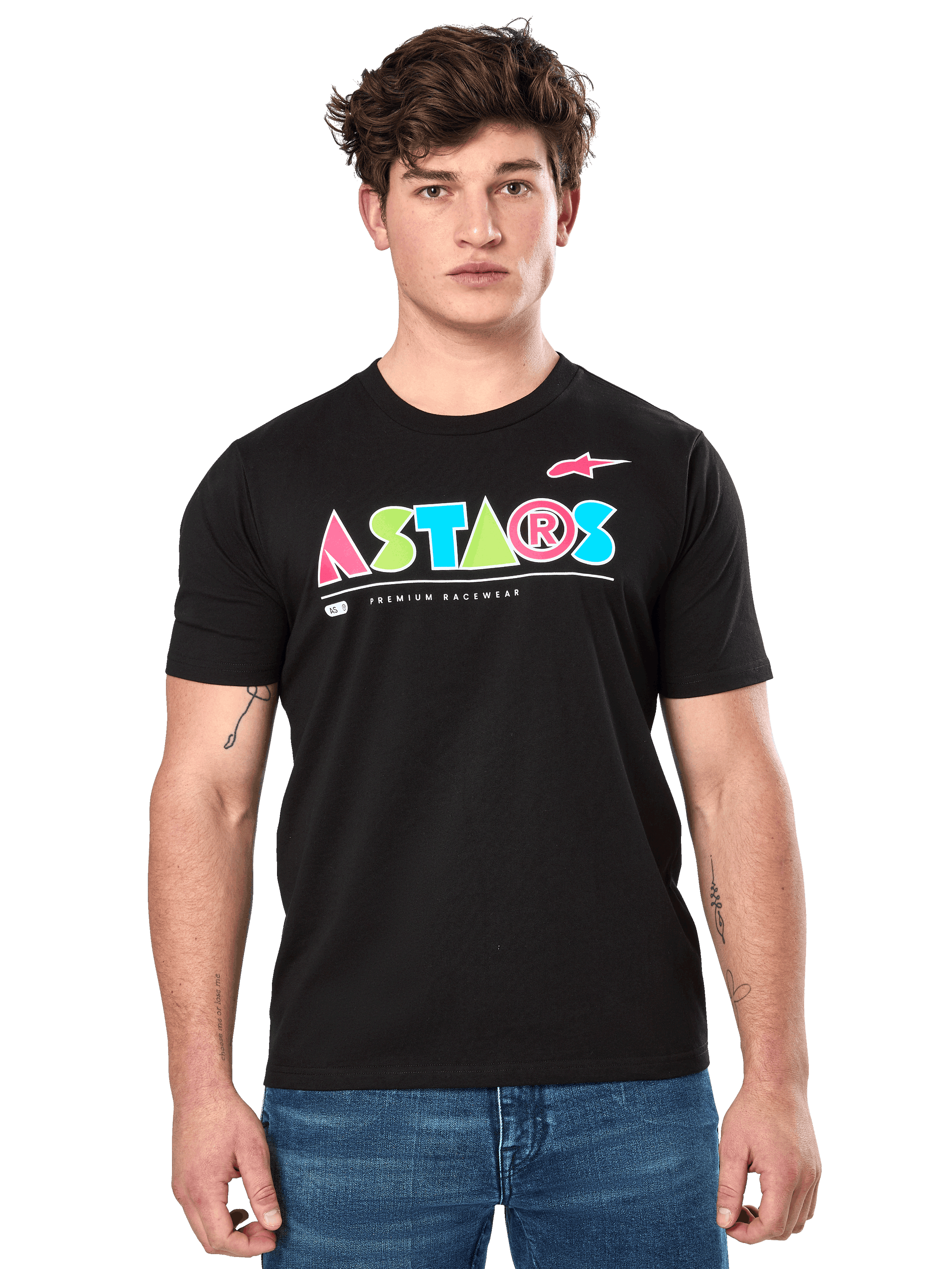 Alpinestars Cereal CSF Tee, Black Short Sleeve T-Shirt, worn by male model, colorful geometric ASTARS logo with Premium Racewear text, casual motorsport streetwear