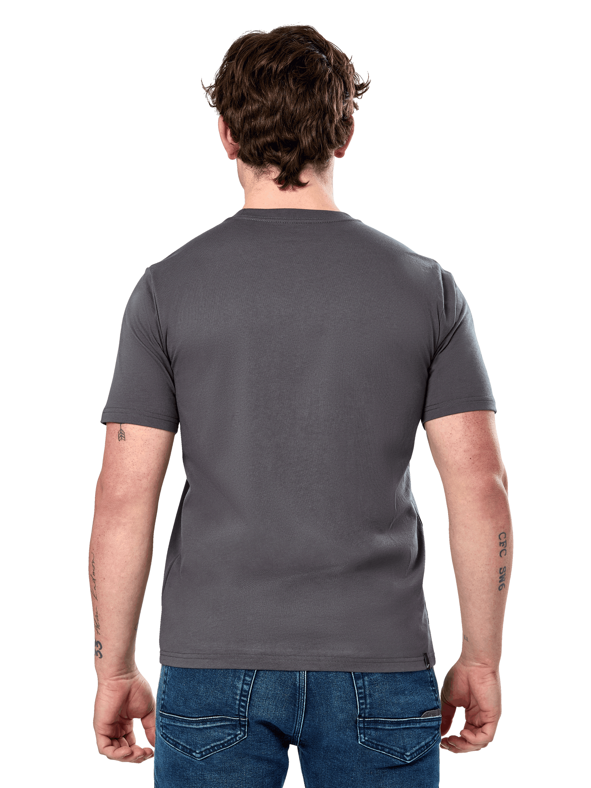 Alpinestars Cereal CSF Tee, Short Sleeve T-Shirt, Charcoal, back view, worn by model with blue jeans, casual motorsport-inspired streetwear