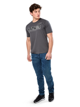 Alpinestars Cereal CSF Tee, Short Sleeve T-Shirt, Charcoal, White Geometric Astars Text Logo, Casual Motorsport Streetwear worn with blue jeans and black sneakers