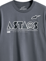 Alpinestars Cereal CSF Tee, Short Sleeve T-Shirt, Charcoal, detail view of front chest graphic featuring white geometric ASTARS text logo and PREMIUM RACEWEAR tagline, casual motorsport streetwear