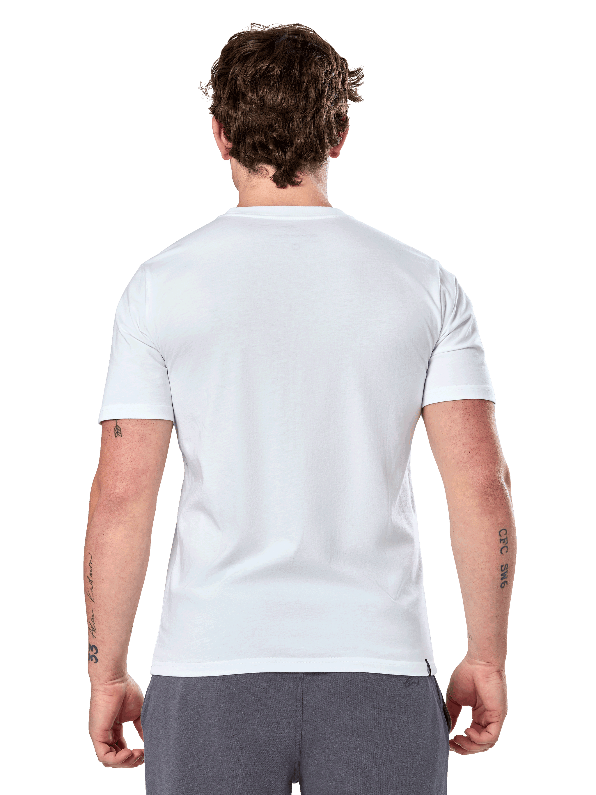 Alpinestars Geografica CSF Tee, Short Sleeve T-Shirt, White, Back View, worn by model with grey pants, casual motorsport streetwear