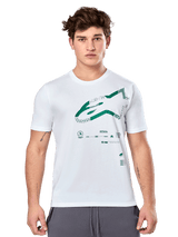 Alpinestars Geografica CSF Tee, White Short Sleeve T-Shirt with Green Multi-Tech Astars Graphic and Technical Symbols, Casual Motorsport Sportswear