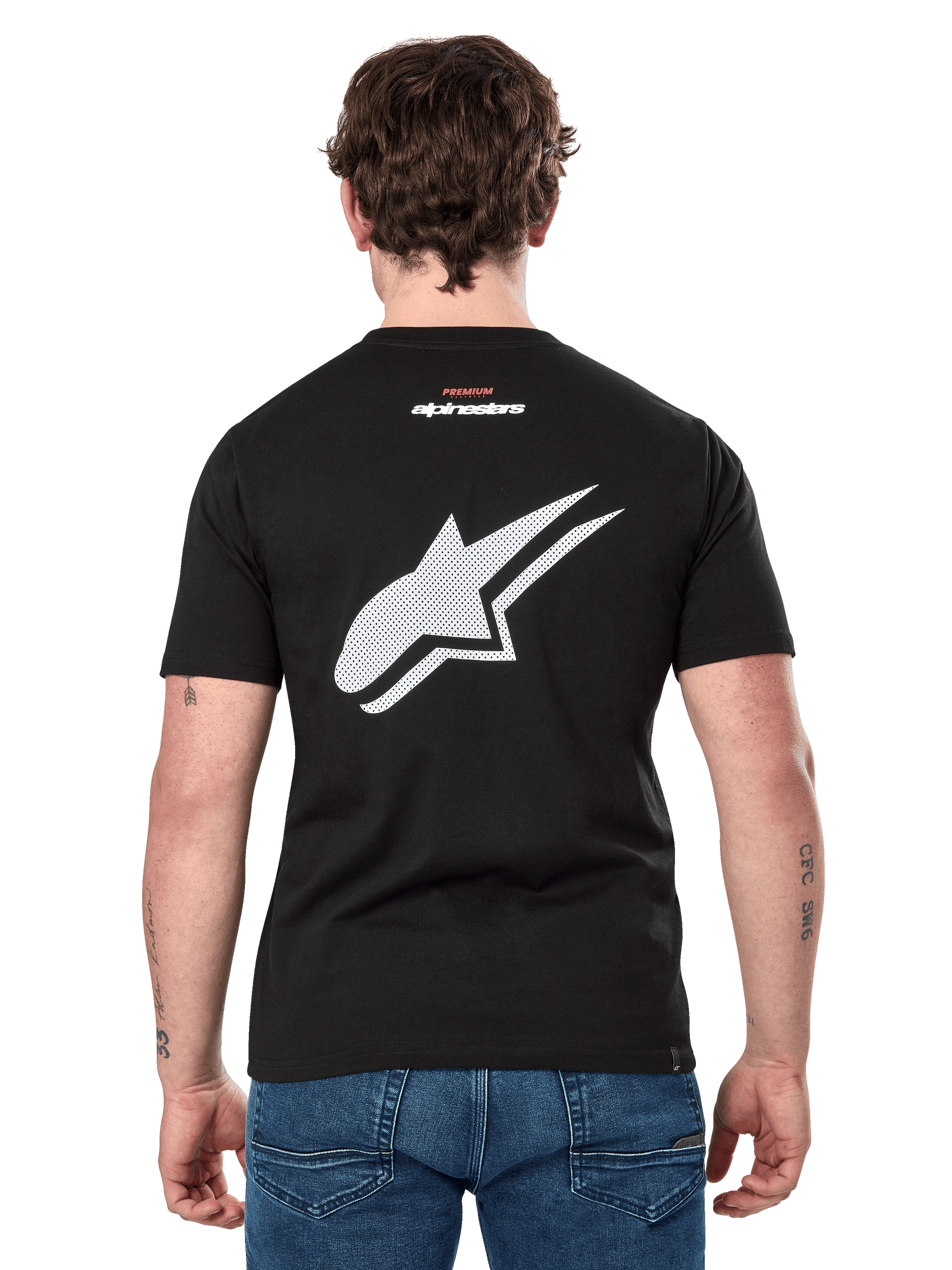 Alpinestars Formulate CSF Tee, Short Sleeve T-Shirt, Black, Back view showing large white perforated Astars logo and small Alpinestars branding, casual motorsport-inspired sportswear