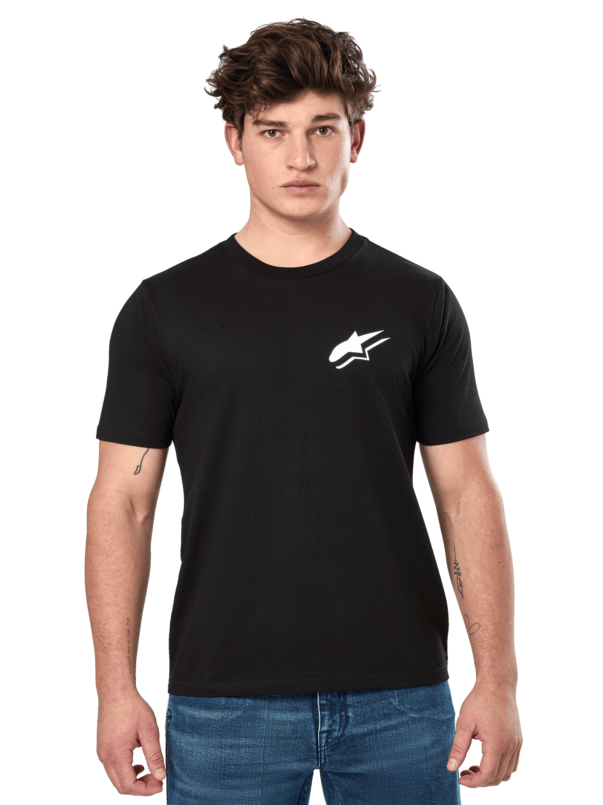 Alpinestars Formulate CSF Tee, Short Sleeve T-Shirt in Black, worn by a male model with blue jeans, featuring a white Astars logo on the chest, casual motorsport-inspired lifestyle apparel