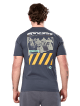Alpinestars No Barrier Csf Tee, Short Sleeve T-Shirt, Charcoal, Large back graphic with distressed motocross photography and yellow diagonal stripes, Casual Motorsport Sportswear