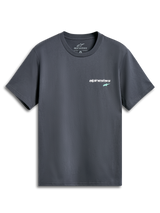 Alpinestars No Barrier CSF Tee, Short Sleeve T-Shirt, Charcoal Grey, Small white text logo with mint green star on the chest, Casual motorsport-inspired streetwear