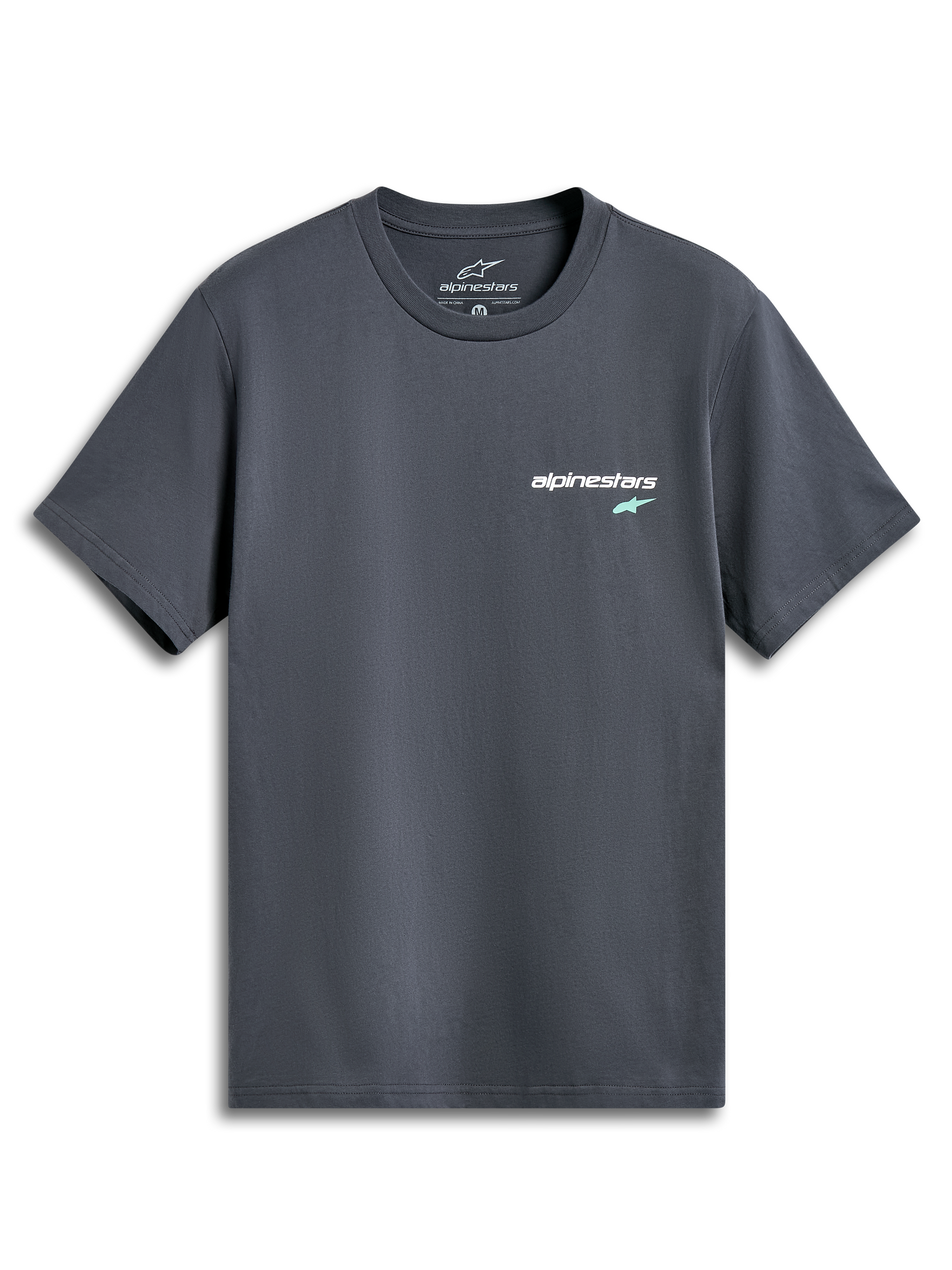 Alpinestars No Barrier CSF Tee, Short Sleeve T-Shirt, Charcoal Grey, Small white text logo with mint green star on the chest, Casual motorsport-inspired streetwear