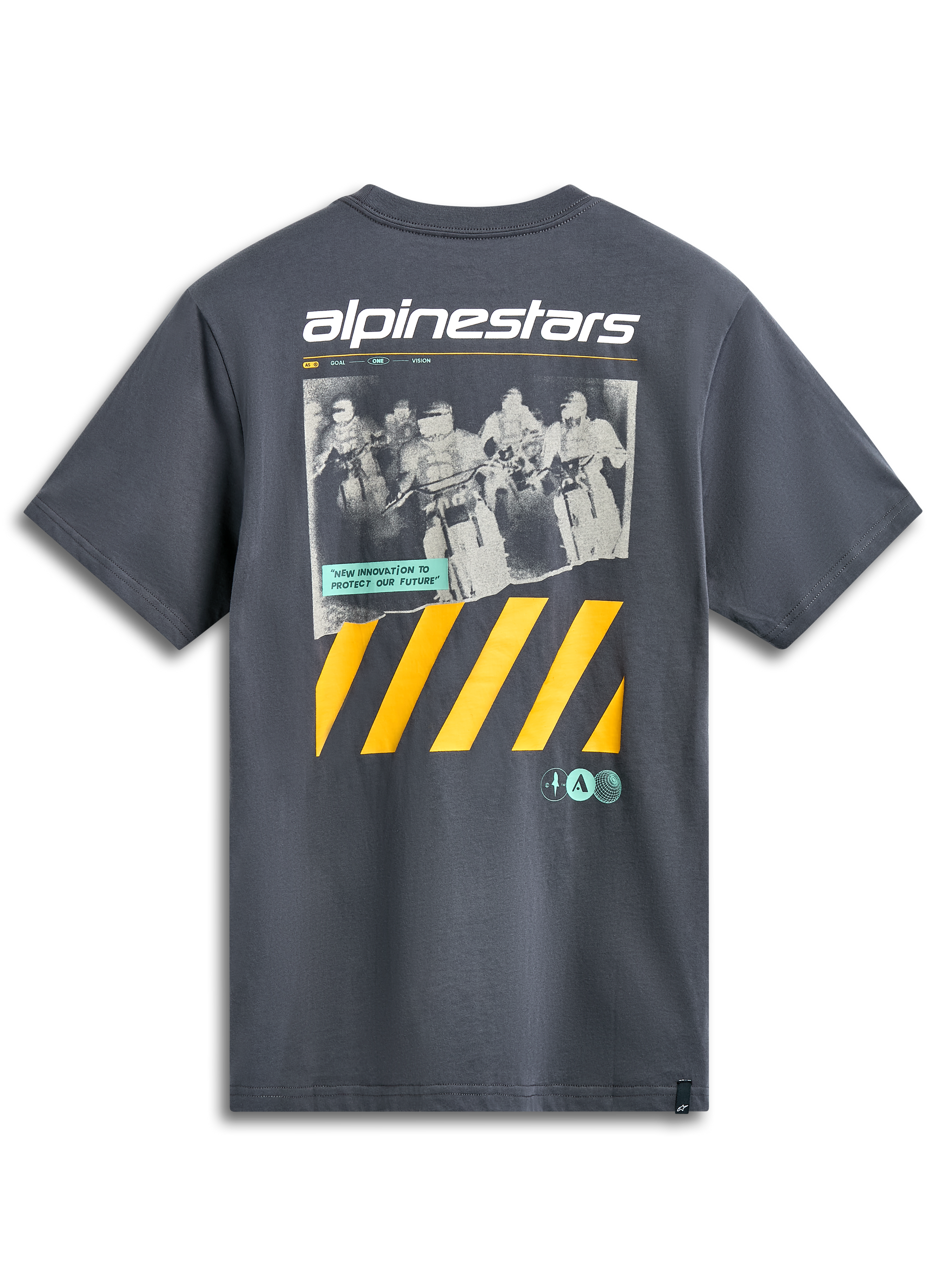 Alpinestars No Barrier CSF Tee, Short Sleeve T-Shirt, Charcoal, large graphic featuring a distressed motocross photo, white Alpinestars branding, and bold yellow diagonal stripes, casual motorsport streetwear