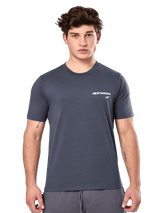 Alpinestars No Barrier CSF Tee, Short Sleeve T-Shirt, Charcoal, white Alpinestars logo with a teal star on the chest, casual motorsport streetwear