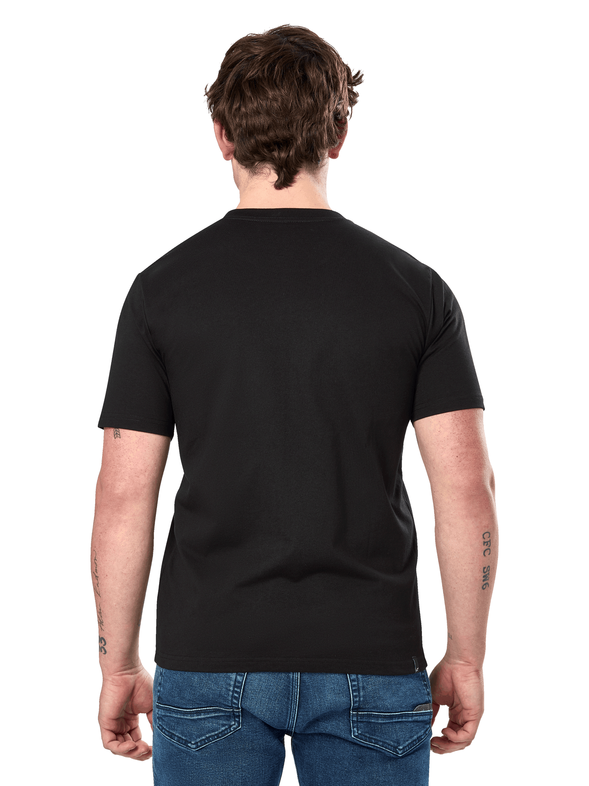 Alpinestars Dot Carbon CSF Tee, Short Sleeve T-Shirt, Black, rear view on model showing plain back and casual fit, worn with blue jeans, motorsport-inspired streetwear