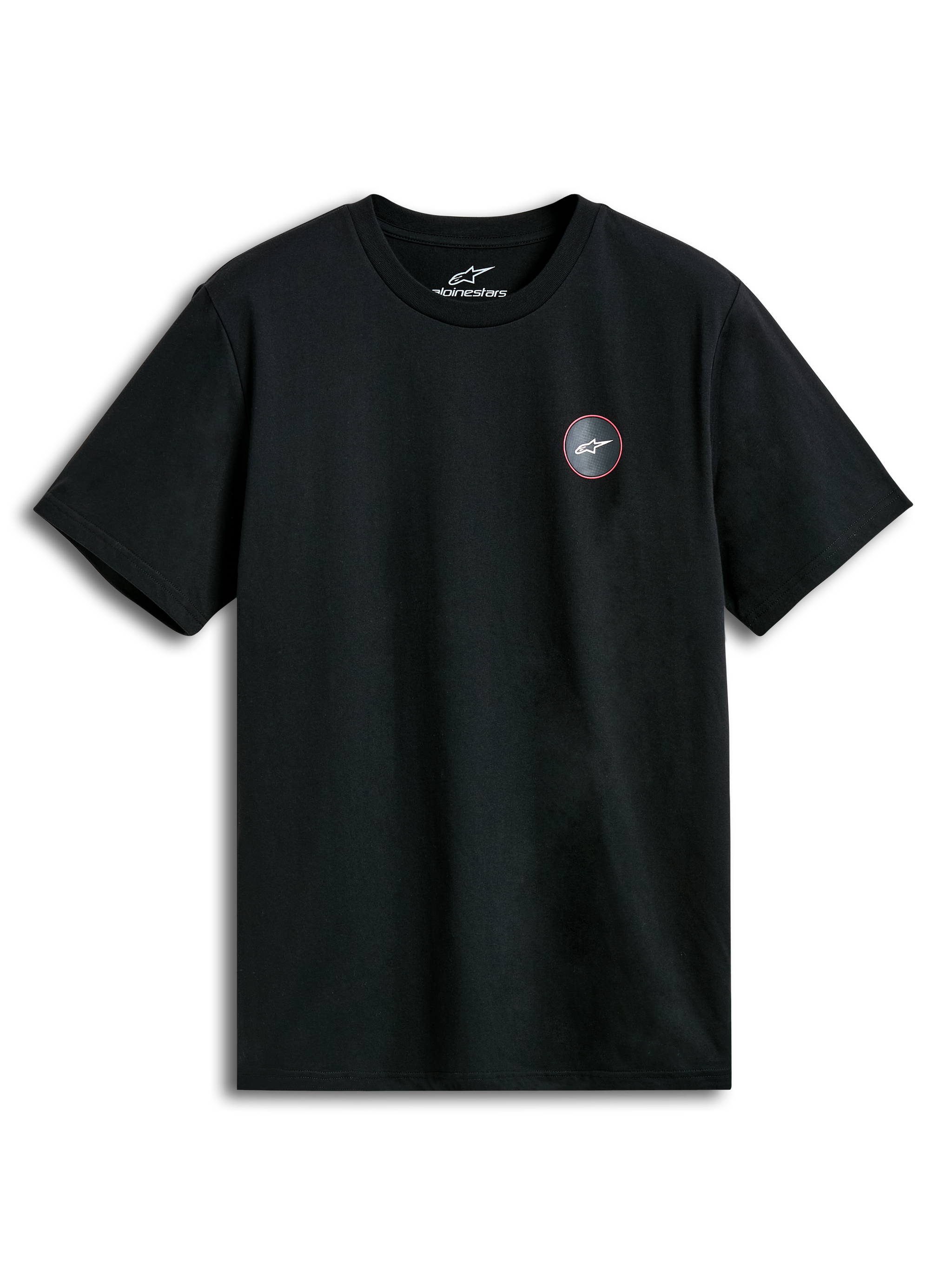 Alpinestars Dot Carbon CSF Tee, black short-sleeve sportswear t-shirt with a carbon fiber-look chest logo graphic