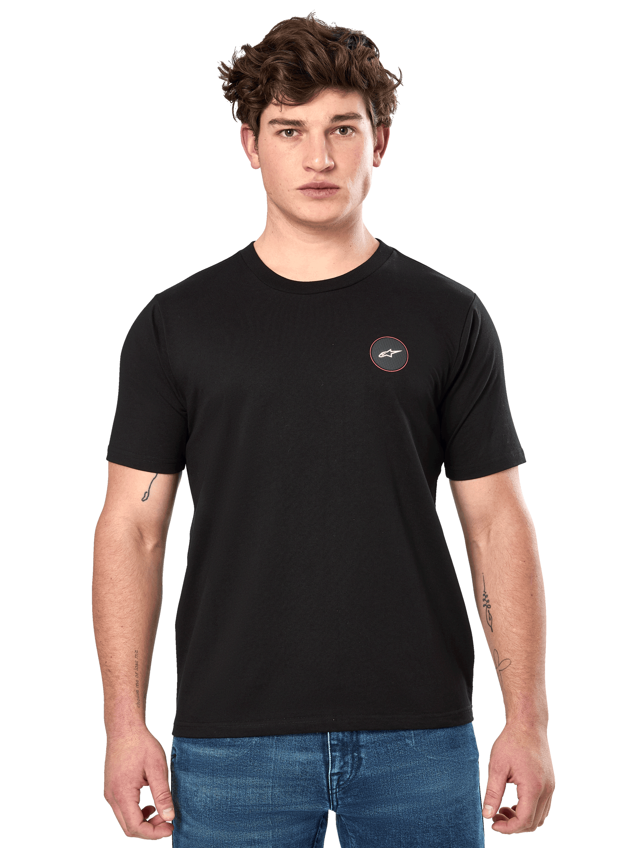 Alpinestars Dot Carbon CSF Tee, Short Sleeve T-Shirt, Black, small circular chest logo with white Astar and red border, worn by a model with blue jeans, casual motorsport streetwear
