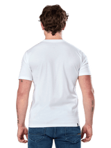 Alpinestars Dot Carbon Csf Tee, Short Sleeve T-Shirt, White, back view on model, worn with blue denim jeans, casual motorsport streetwear