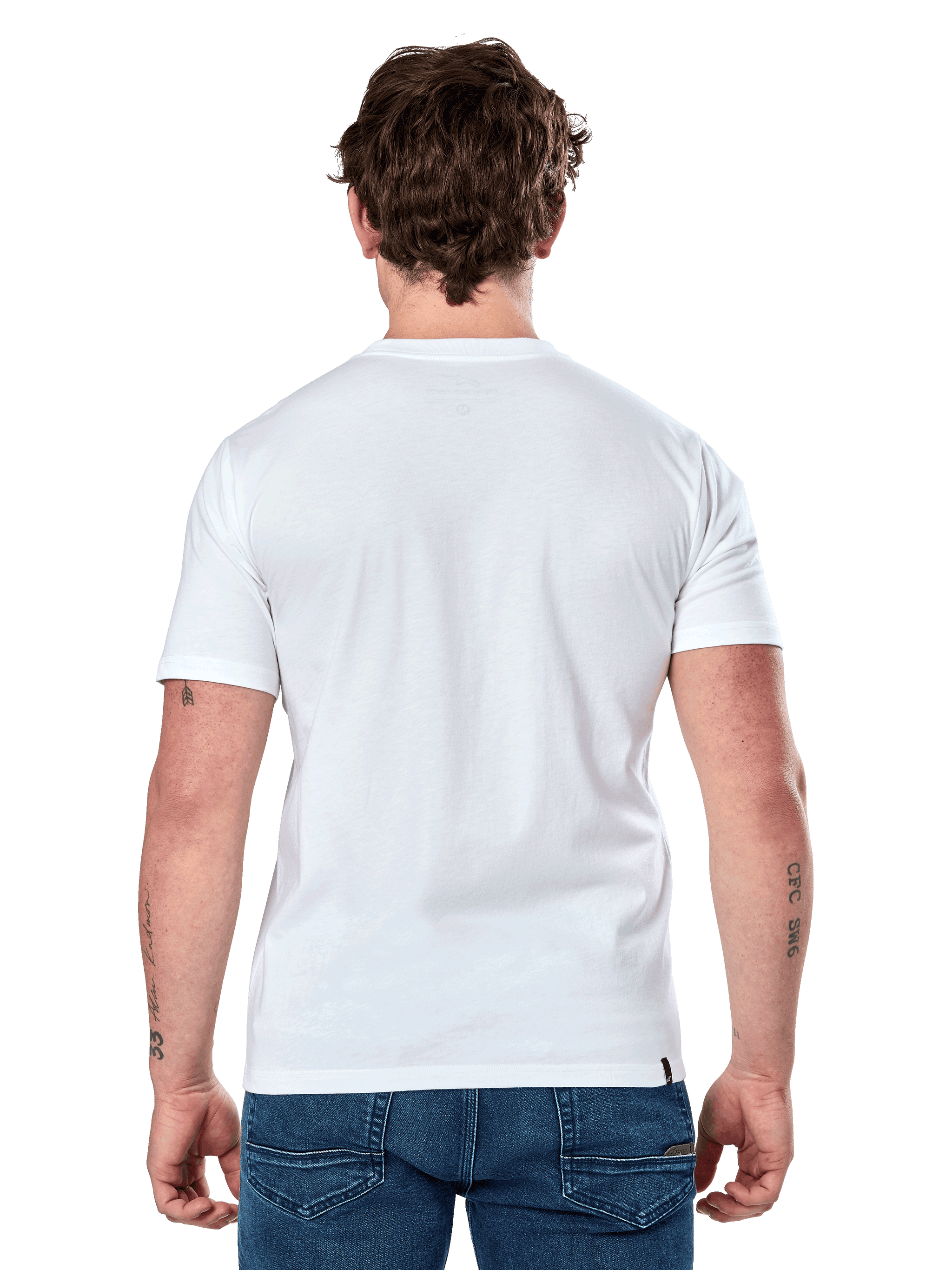 Alpinestars Dot Carbon Csf Tee, Short Sleeve T-Shirt, White, back view on model, worn with blue denim jeans, casual motorsport streetwear