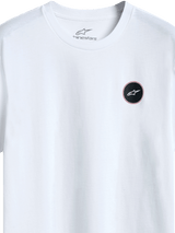 Alpinestars Dot Carbon Csf Tee, Short Sleeve T-Shirt, White, detail view of circular black logo with carbon fiber-look fill and white star, internal neck print, casual motorsport streetwear