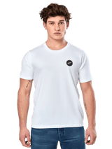 Alpinestars Dot Carbon CSF Tee, White Short Sleeve T-Shirt, Male model wearing white tee with small black circular logo on chest and blue jeans, Casual Motorsport Style