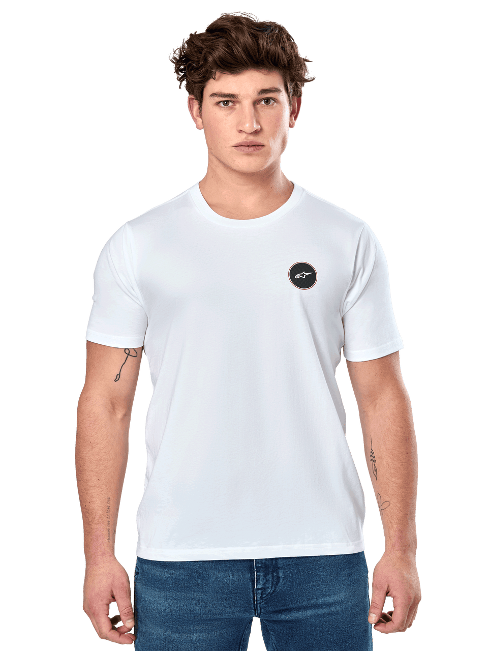 Alpinestars Dot Carbon CSF Tee, White Short Sleeve T-Shirt, Male model wearing white tee with small black circular logo on chest and blue jeans, Casual Motorsport Style