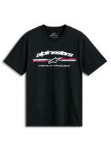 Alpinestars Prevail Csf T-Shirt, black short sleeve sportswear tee with a front paddock-style tri-color stripe logo and soft hand print
