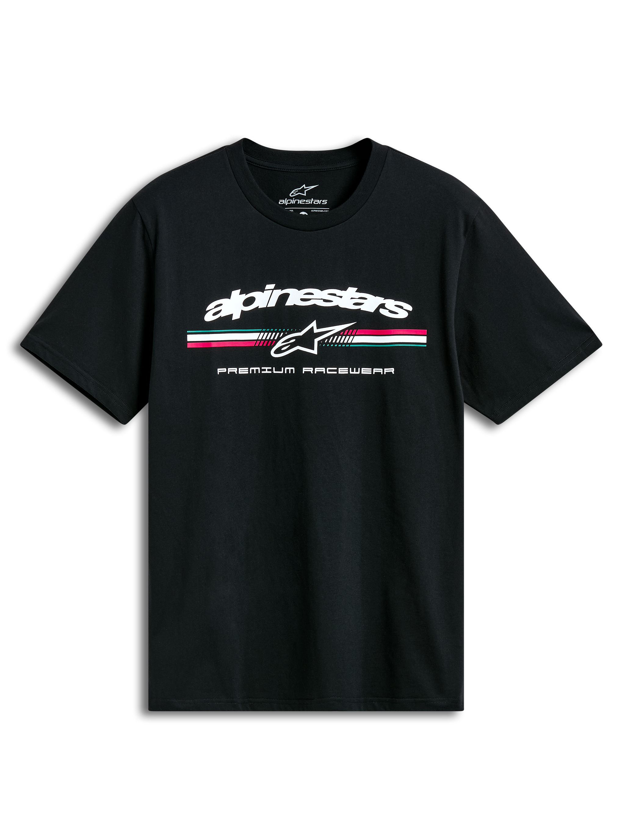 Alpinestars Prevail Csf T-Shirt, black short sleeve sportswear tee with a front paddock-style tri-color stripe logo and soft hand print