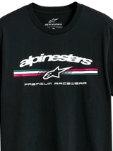Alpinestars Prevail CSF Tee, Short Sleeve T-Shirt, Black, White Alpinestars Logo with Teal Pink and White Tri-Color Stripe, Premium Racewear Graphic, Casual Motorsport Sportswear