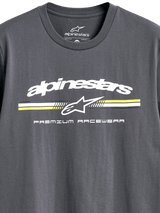 Alpinestars Prevail CSF Tee, Short Sleeve T-Shirt, Charcoal, White Alpinestars Logo with Yellow and White Paddock-Style Stripes, 'Premium Racewear' Text, Casual Motorsport Sportswear