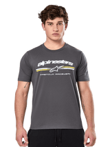 Alpinestars Prevail CSF Tee, Charcoal Gray Short Sleeve T-Shirt, white Alpinestars logo with yellow and white stripes and 'Premium Racewear' graphic, casual motorsport-inspired streetwear