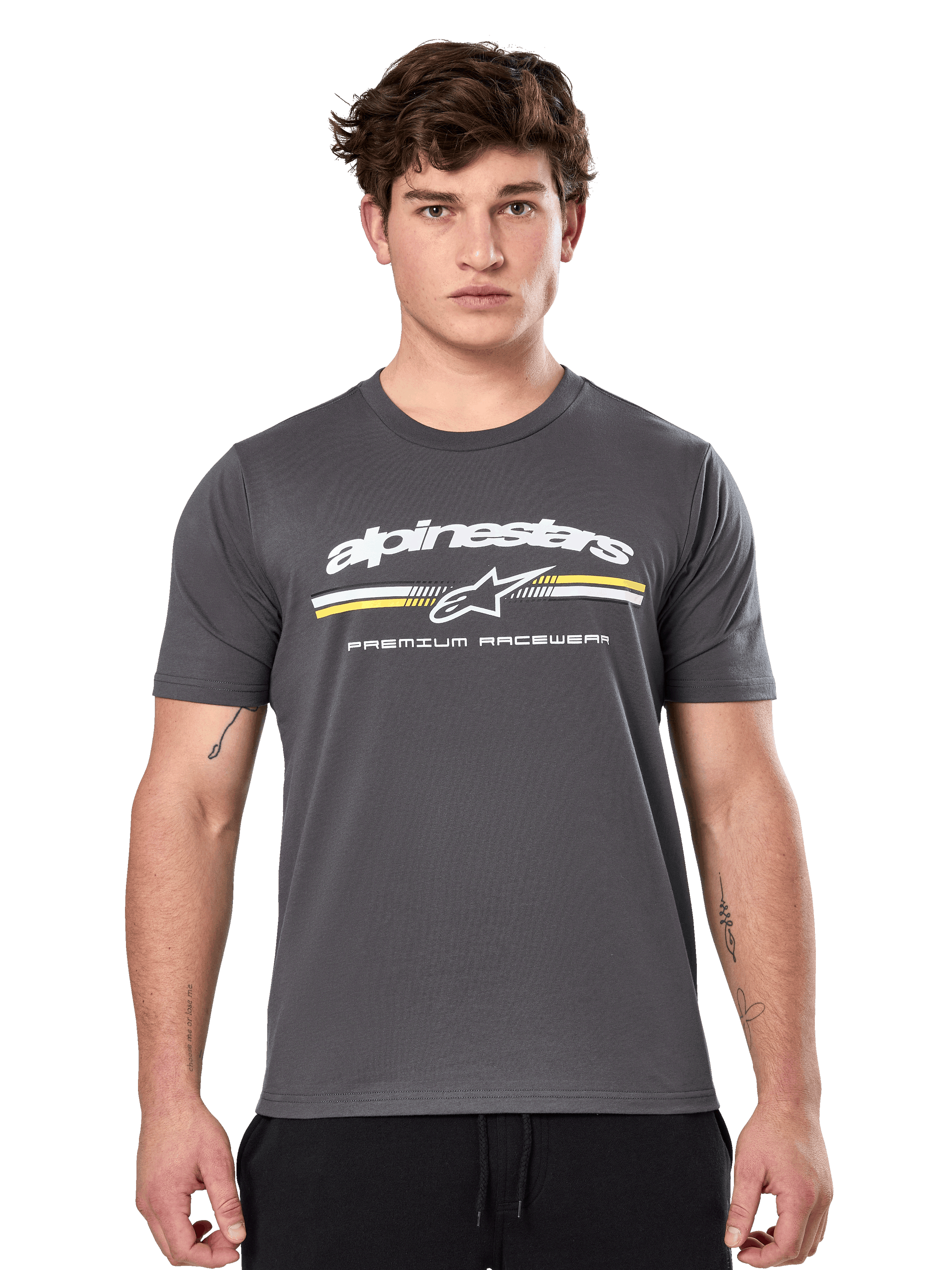Alpinestars Prevail CSF Tee, Charcoal Gray Short Sleeve T-Shirt, white Alpinestars logo with yellow and white stripes and 'Premium Racewear' graphic, casual motorsport-inspired streetwear