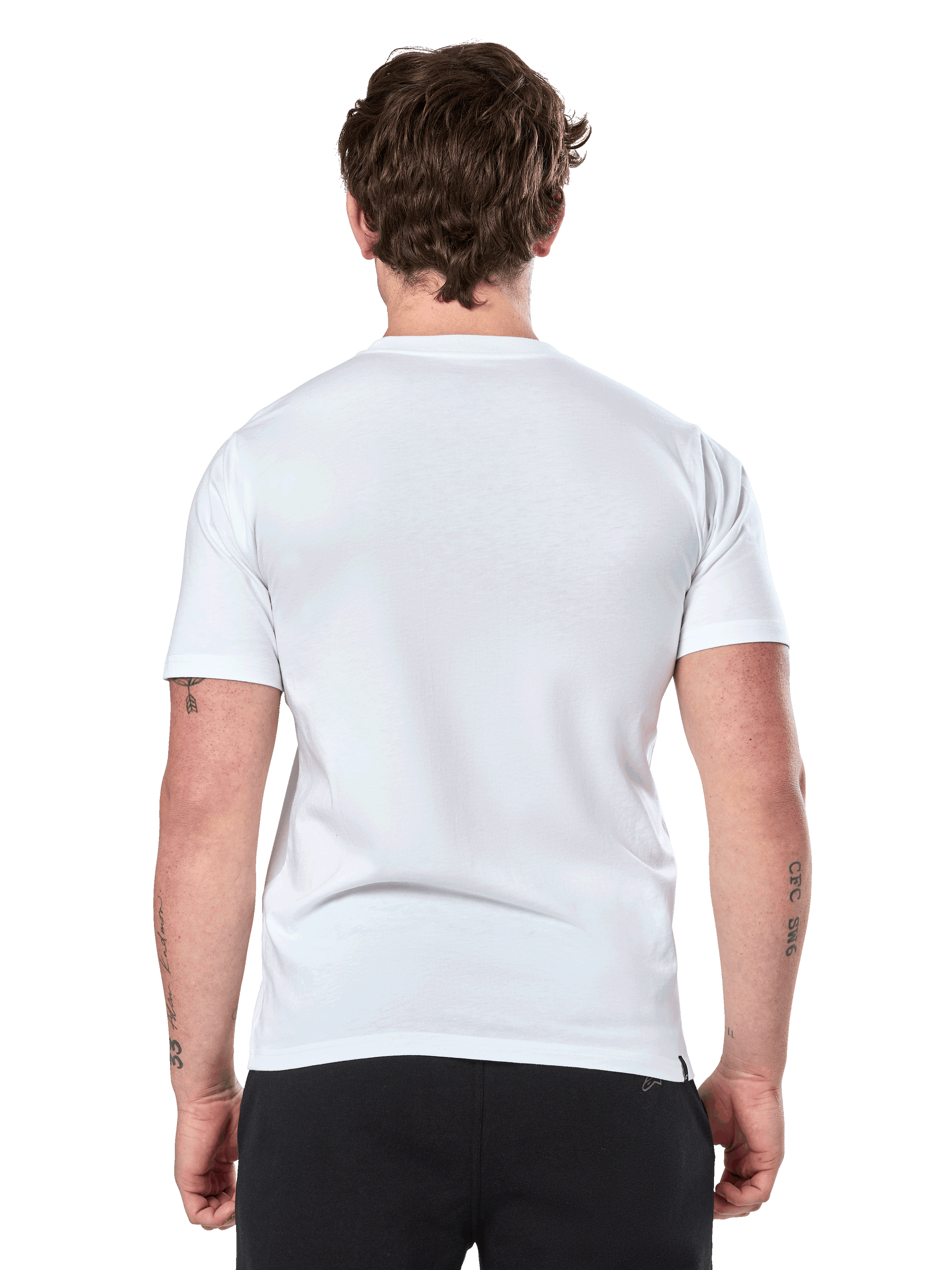Alpinestars Prevail CSF Tee, Short Sleeve T-Shirt, White, Back View, worn with black pants, casual motorsport streetwear