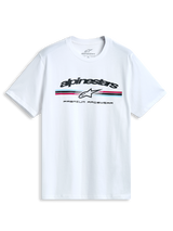 Alpinestars Prevail Csf T-Shirt, white short-sleeve sportswear tee with a front paddock-style tri-color stripe logo and soft hand print