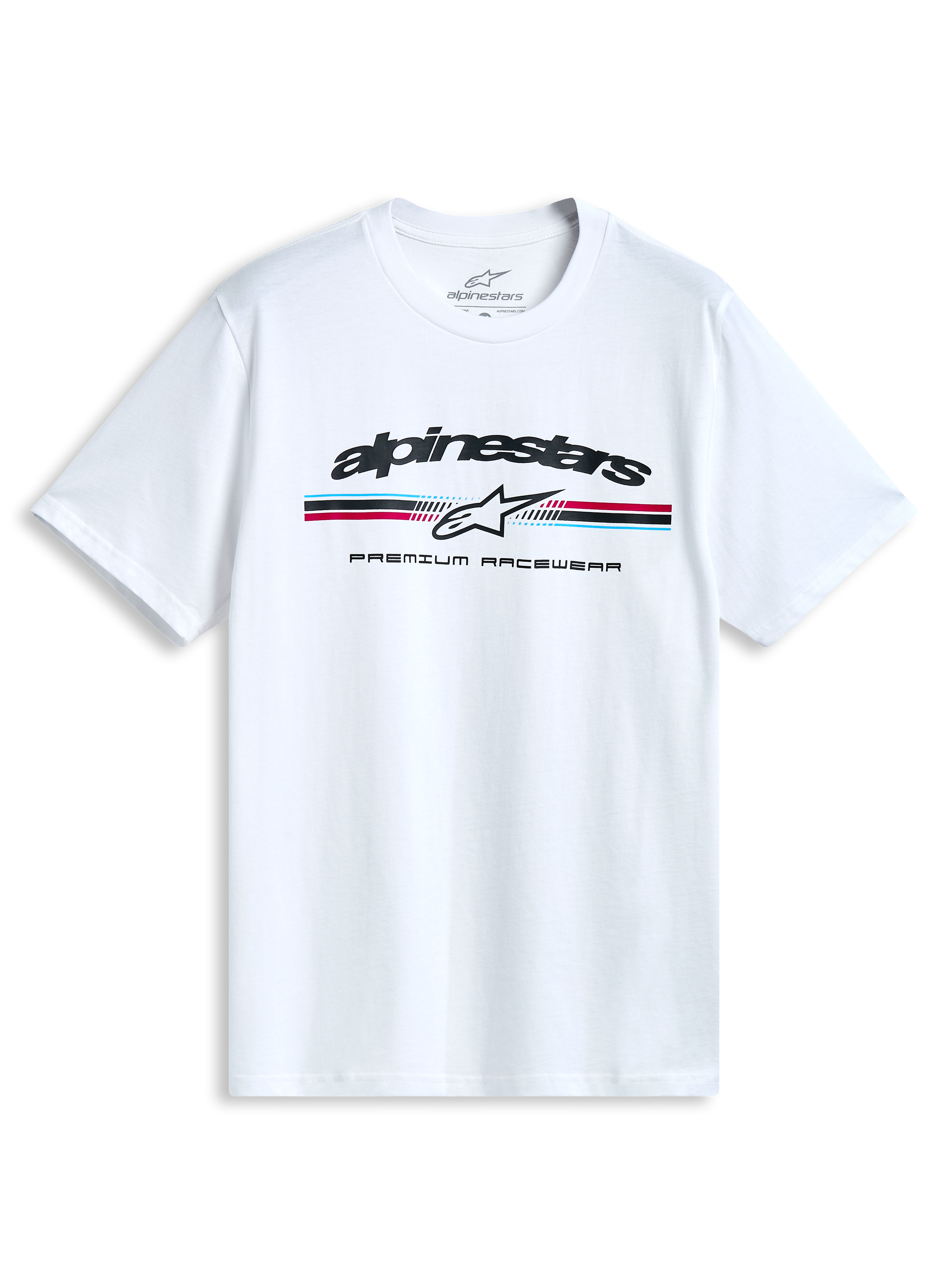 Alpinestars Prevail Csf T-Shirt, white short-sleeve sportswear tee with a front paddock-style tri-color stripe logo and soft hand print